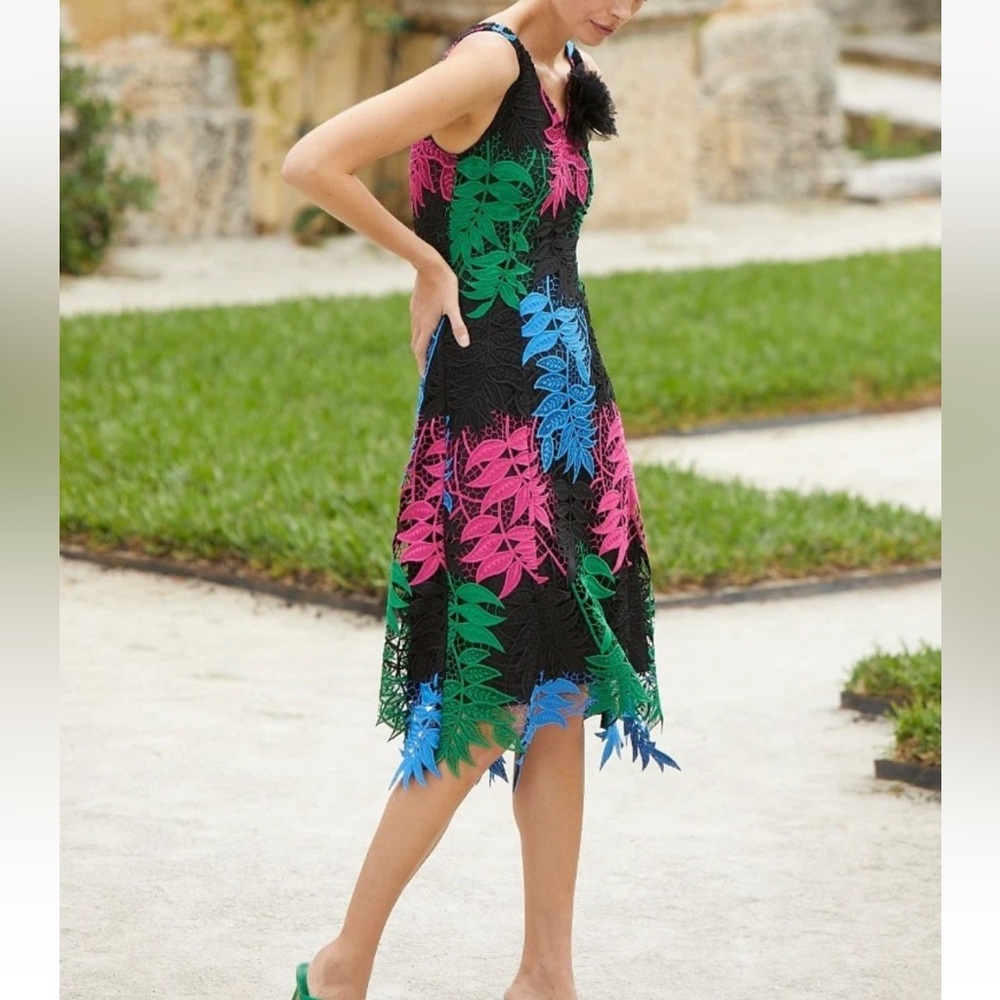 Per Se GARDEN PARTY Black Midi Dress with Blue, Pink, and Green Leaf Design 2